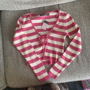 Pink and White Striped Ribbed Cardigan